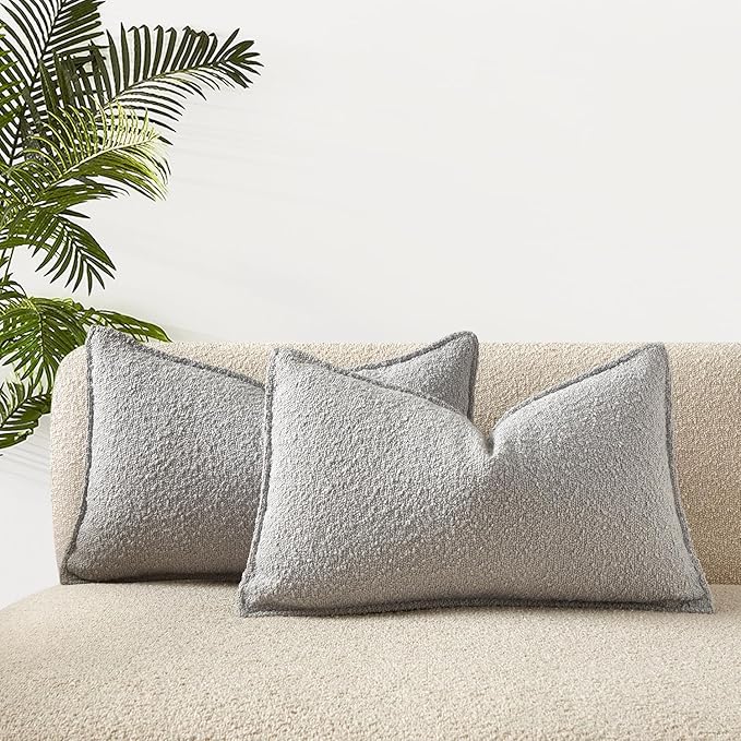 JUSPURBET 14x24 Throw Pillow Covers Set of 2 Decorative Pillow Covers for Couch Sofa Bed Cozy Boucle Textured Lumbar Cushion Covers Cases with Invisible Zipper for Living Room Home Decor,Silver Grey