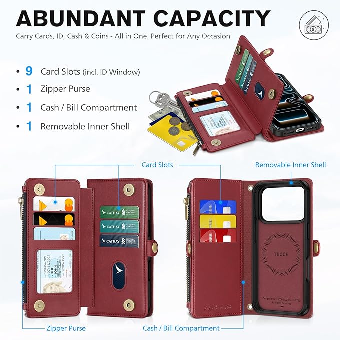 TUCCH Detachable Crossbody Case Wallet for iPhone 17 Pro 6.3", Wireless Charging | RFID Blocking 9 Card Holders | Lanyard | Wrist Strap | Stand | Zipper Pocket | PU Leather | Magnetic Cover | Dark Red