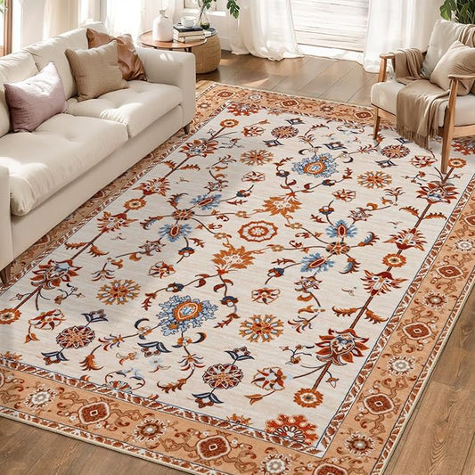 Tangsoo Floral Area Rug 6x9 Machine Washable Orange Rug Non-Slip Vintage Distressed Boho Print, Soft Low Pile Carpet for Living Room, Bedroom, Dining Room, Pet & Child Friendly (Orange Home Decor)