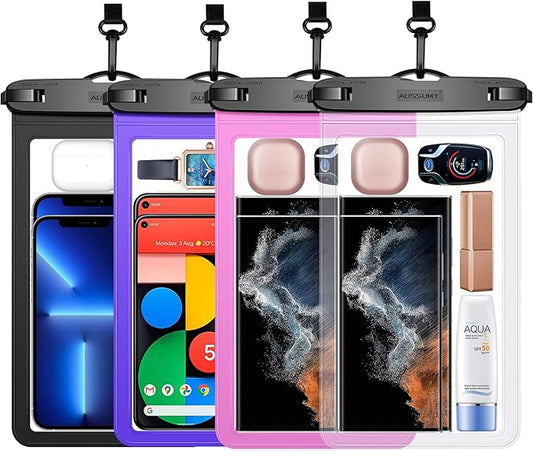 Large Waterproof Cell Phone Pouch - 4 Pack Underwater Clear Cellphone Holder Protector - Universal Water Proof Dry Bag Case with Neck Lanyard for Samsung Galaxy Note 20 for Beach Swimming Pool