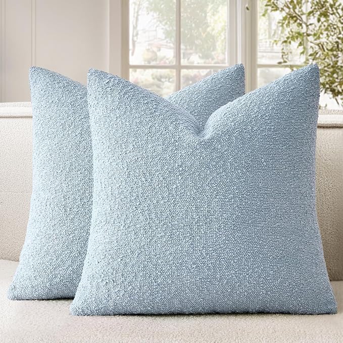Woaboy Pack of 2 20x20 Inch Decorative Boucle Throw Pillow Covers Textured Square Pillowcaes Accent Solid Cozy Soft Cushion Covers Home Decor for Sofa Couch Living Room Home Decor,Coastal Light Blue