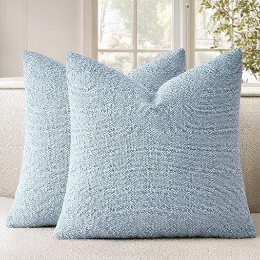 Woaboy Pack of 2 18x18 Inch Decorative Boucle Throw Pillow Covers Textured Square Pillowcaes Accent Solid Cozy Soft Cushion Covers Home Decor for Sofa Couch Living Room Home Decor,Coastal Light Blue