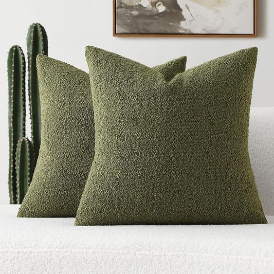 FUTEI Pack of 2 Moss Green Decorative Throw Pillow Covers 24x24 Inch Soft Cozy Solid Boucle Textured European Cushion Case,Modern Home Decor for Couch Bed Living Room