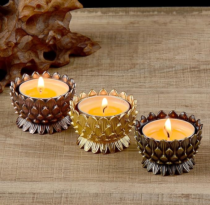 Lotus Flower Votive Tealight Candle Holder,Copper Buddhist Candlestick Holder,Tibetan Buddhist Water Offering Cup,Oil Lamp Holder for Meditation Buddha Altar with 4PCS Floating Canldes (Bronze)