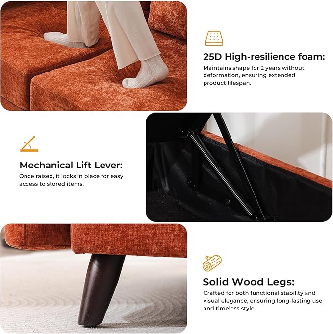 104'' Modular Sectional Sofa with Seats Storage,Oversized L Shaped Couch with Deep Seat,3-Seater Comfy Cloud Couches for Living Room, Movable Ottoman,Chenille,Orange
