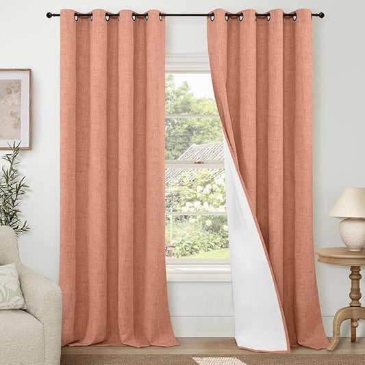 Lajode Terracotta 100% Linen Blackout Fall Curtains for Bedroom 95 Inch Long 52 Wide, Extra Long Thermal Insulated Light Blocking Curtains, Noise Refusing Window Drape Each 52x95 Inch 2 Panels