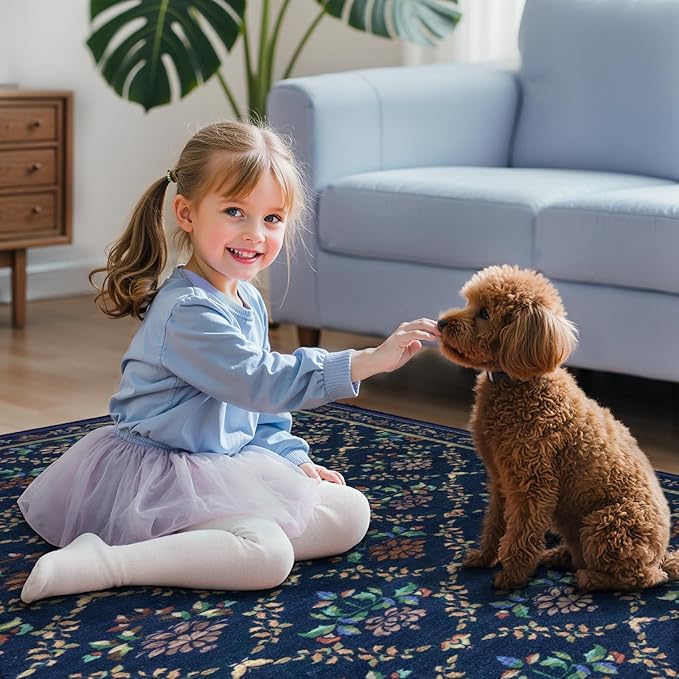 Tangsoo 5x7 Washable Area Rug, Non Slip Blue Floral Indoor Rug, Soft Low Pile Floor Carpet for Living Room, Bedroom, Dining Room, Pet & Child Friendly Room Decor, Easy to Clean