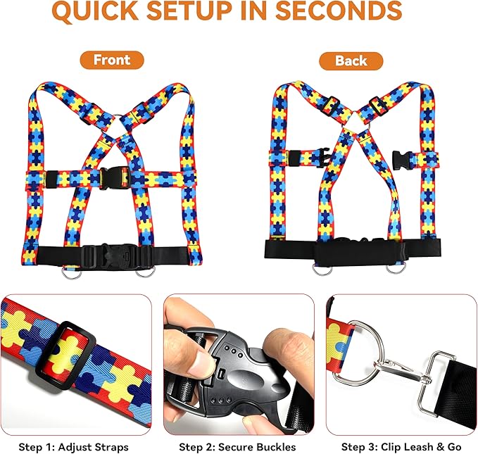 Topdatry Walking Safety Harness for Older Kids 3–12 Years, Adjustable Leash Vest for Special Needs, Autism, ADHD, with Strong Grab Handle for Public and Outdoor Safety