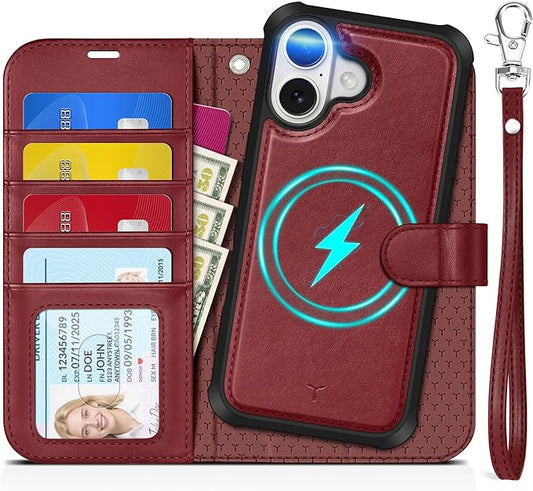 TUCCH Detachable Case Wallet for iPhone 17 (6.3") 2025, Wrist Strap | 4 Card Holders RFID Blocking | Wireless Charging | Stand | 2-in-1 Magnetic | PU Leather | Shockproof Folio Cover | Dark Red