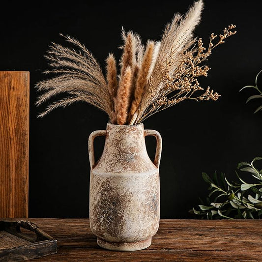 Ceramic Flower Vase with Handles,11 inch Farmhouse Vase,Rustic Vintage Terracotta Vases for Home Decor,Living Room,Kitchen Shelf,Table,Fireplace,Holiday & Weddings Centerpiece (Terracotta-L-1622)