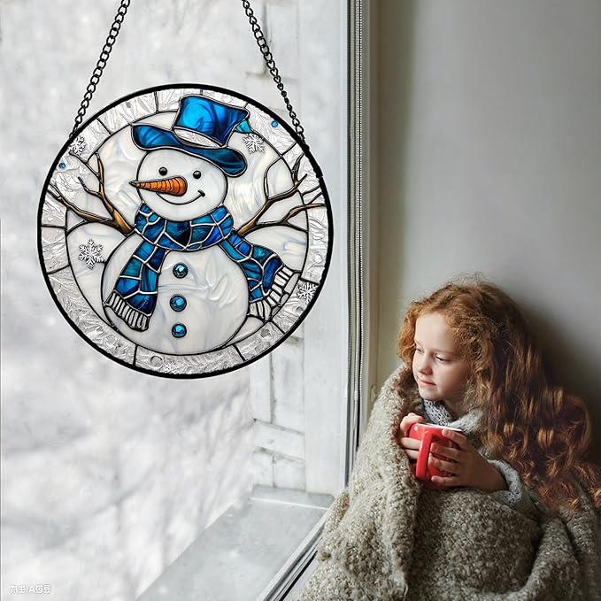 Stained Glass Window Hanging Christmas Snowman Blue White Large 11.8" - Suncatcher Door Garden Sun Catcher Home Decor Birthday Mother's Day Xmas Gift for Mom Men Woman Her Nana Parents Girl