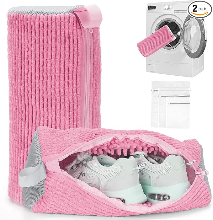 Shoe Washing Machine Bag - Laundry Shoe Bag (2-Pack) Includes 3 Laundry Bags, Reusable, Washer & Dryer Safe, 360° Deep Cleaning for All Shoe Types, Self-Locking Zipper(Pink)