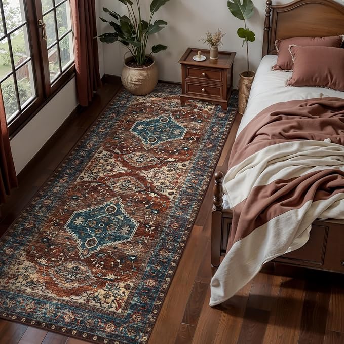 Tangsoo Oriental 2x6 Washable Runner Rug for Hallways, Non Slip Vintage Runner Rug, Soft Low Pile Long Rug Runner, Print Carpet Runners for Kitchen Bedroom Entryway Bathroom Living Room Rust