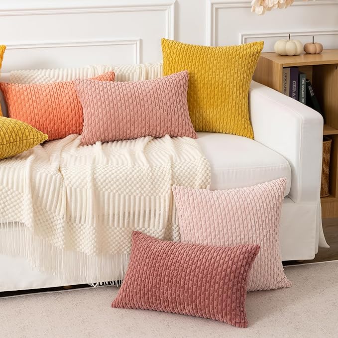 Kevin Textile Throw Pillow Covers Soft Corduroy Decorative Set of 2 Boho Striped Pillow Covers Pillowcases Farmhouse Home Decor for Couch Bed Sofa Living Room 18x18 Inch Mustard Yellow