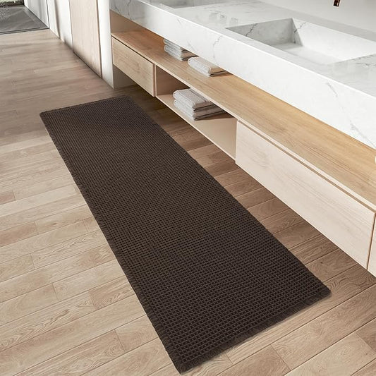 Upgraded Waffle Runner Rug Super Absorbent Non Slip Bath Mats for Bathroom Machine Washable Bathroom Runner Rug with Tassels, Ideal for Hallway Bedroom Laundry Room, Chocolate, 2'x 6'(24" x 72")