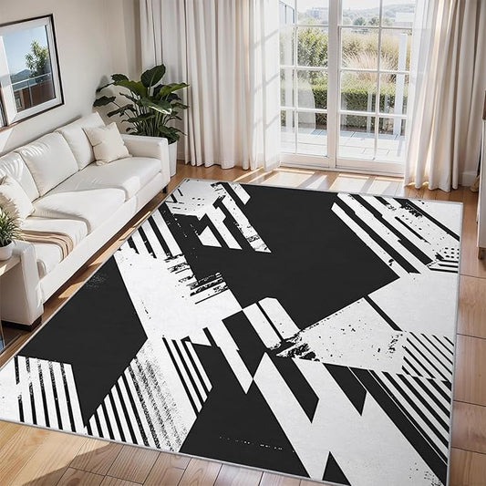 Black and White Rugs for Home Decor, 6x9 ft, Abstract Geometric Area Rugs for Living Room, Soft Non Slip Washable Modern Minimalist Carpet Bedroom Decorations Dt-Ghf-31