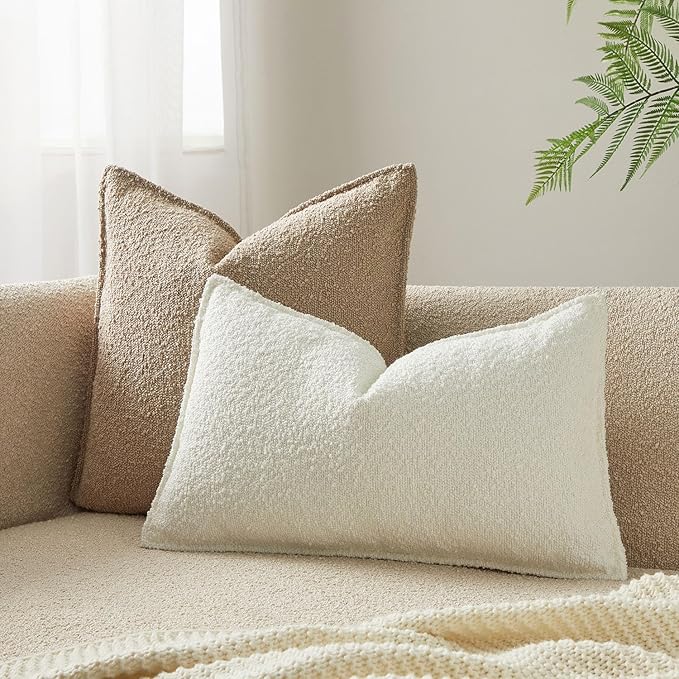 JUSPURBET White Decorative Pillow Covers 16x24 Set of 2 Throw Pillow Covers for Couch Sofa Bed Cozy Boucle Textured Lumbar Cushion Covers Cases with Hidden Zipper for Living Room Home Decor