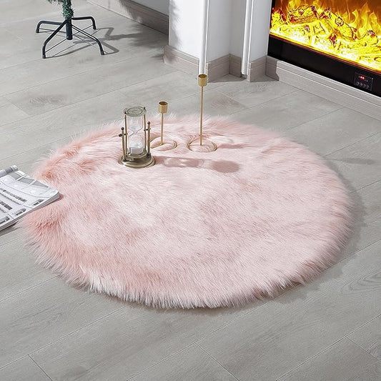 Faux Fur Rug Sheepskin Shag Fluffy Fuzzy Pink 3x3 ft Rugs for Bedroom Bedside Bed Floor Living Room Plush Round High-Density Cushion Carpet Super Sofa Cover