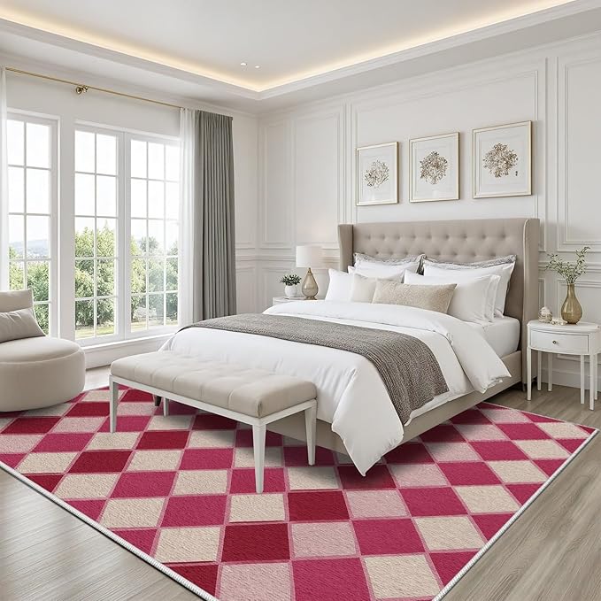Plaid Rug, Soft Ultra Soft Faux Wool Rhombus Geometric Rugs, Indoor Floor Mats Carpet, Non Slip&Non-Shedding Low Pile Washable Rugs, Modern Red 5x7 Area Rug for Bedroom Home Decor
