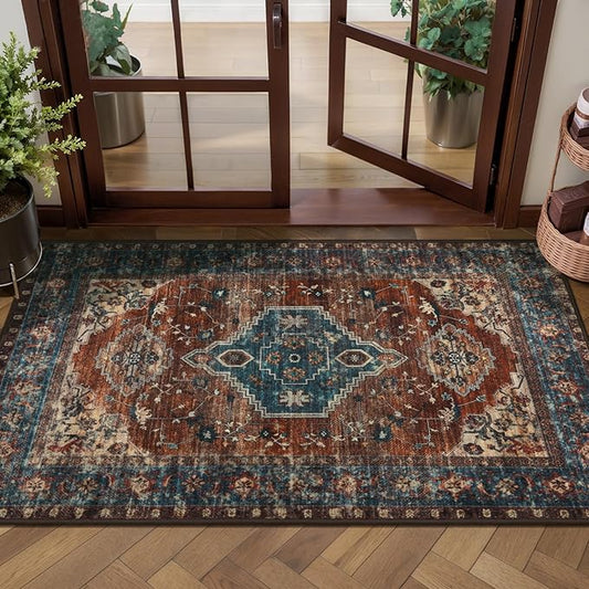 Tangsoo Vintage Rug 2x4 Washable for Entryway BlueNon Slip Small Area Rug, Dark Blue Orange Indoor Front Door Rust Blue