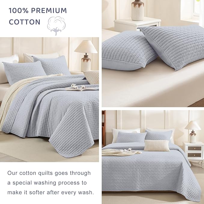 Sanracie Stonewashed Cotton Coverlet King Size(110"x98"), Cornflower Blue Cross Stitch Pattern Quilt Bedding Set 3Pcs Extra Soft Breathable Crinkle Quilted Bedspread Set for All Season