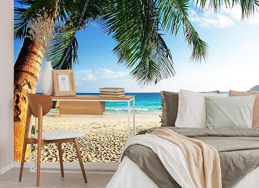 Beach Wall Mural Tropical Palm Trees Wallpaper for Bedroom Bathroom（Not Peel and Stick）