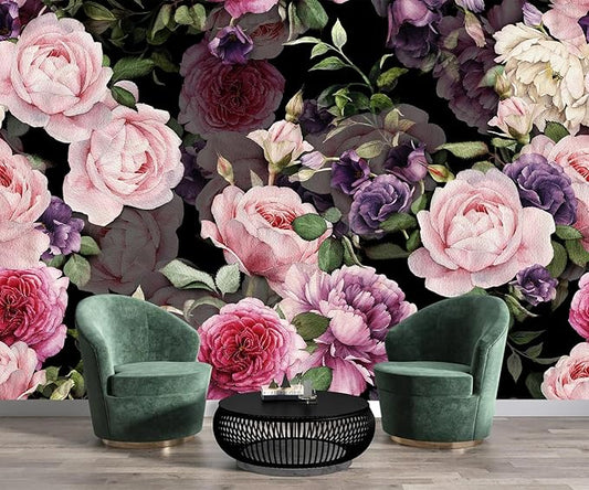 AFZEVEB-Black Watercolor Purple Peony Flower Wallpaper Wall murals for Bedroom 159"x107"(Not Peel and Stick)