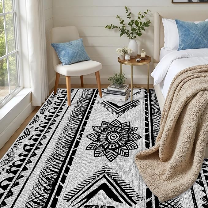 Area Rugs Moroccan for Living Room 3x5, Washable Non-Slip Boho Rug, Neutral Farmhouse Soft Carpet for Bedroom, Kitchen, Dining Room, Entryway, Geometric Print Tribal Carpets, Black and White