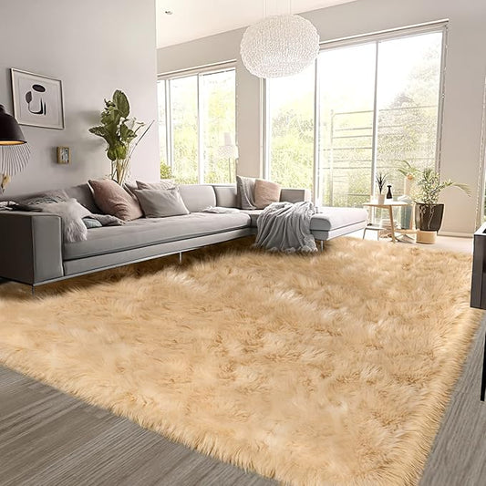 SERISSA Beige Faux Fur Sheepskin Rug 8x10 Feet, Large Fluffy Fuzzy Shaggy Area Rug, Furry Throw Rug for Living Room, Bedroom, Nursery Room Decor (Rectangle, Beige)