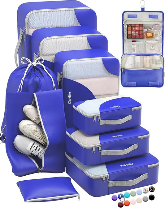 ALL INCLUDED 10 Set Durable Packing Cubes for Suitcases,OlarHike Essentials for Travel, UPGRADED Anti-Tear Stitching, NEW Improved Luggage Packing Organizers for Travel Accessories (Klein Blue)