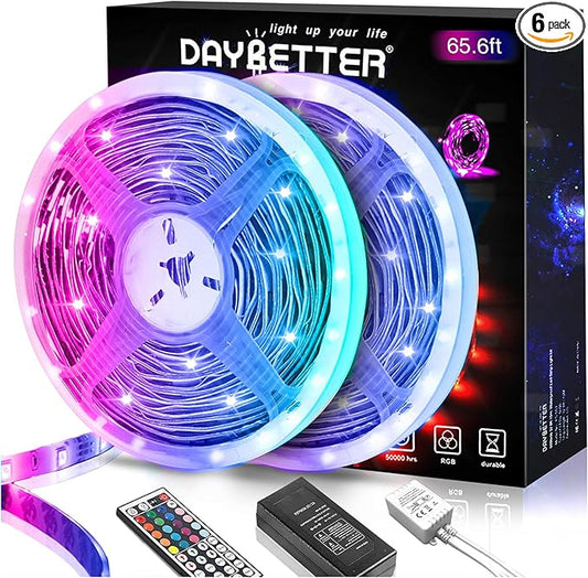DAYBETTER LED Lights 65.6ft, 5050 RGB Led Strip Lights Flexible Color Changing Remote Control Led Light Strips, 2 Rolls of 32.8ft Led Lights for Bedroom, Living Room, Party Home Decor