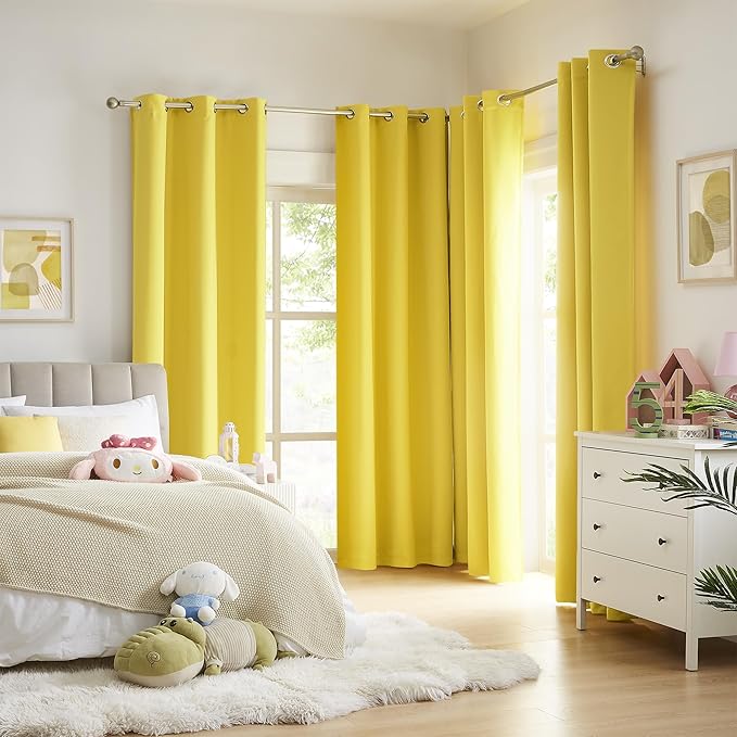 DUALIFE Yellow Blackout Solid Curtains - Room Darkening Grommet Drapes Bright Yellow Color Small Window Curtains for Kids Room, 2 Panels Sets (38 x 45 Inches Long, Illuminating Yellow