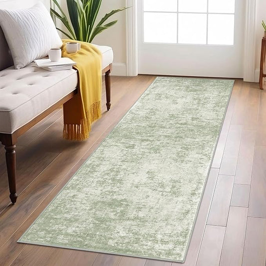 Modern Abstract Runner Rug 2x6, Sage Green Grey Washable Kitchen Runner Non-Slip Soft Hallway Rug Runner Thin Print Faux Wool Carpet for Entryway Bedroom Laundry Room Indoor Home Decor