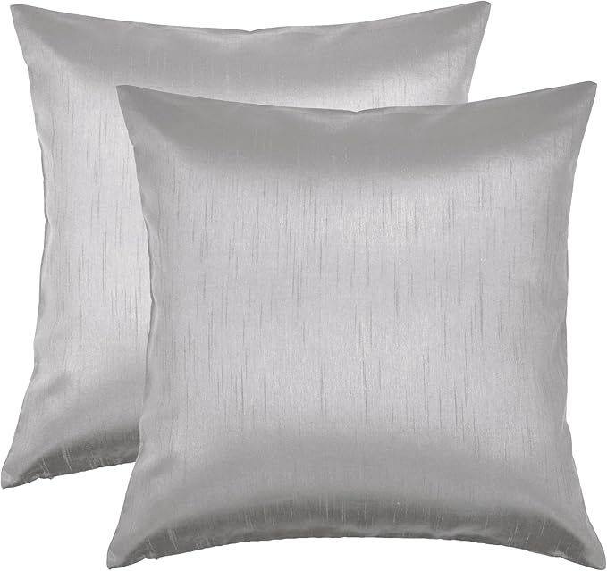 Aiking Home Collection 18x18 Inches Faux Silk Square Throw Pillow Cover, Zipper Closure, Silver (Set of 2)