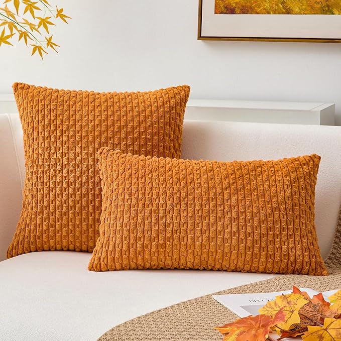 Kevin Textile Fall Throw Pillow Covers Soft Corduroy Decorative Set of 2 Boho Striped Pillow Covers Pillowcases Farmhouse Home Decor for Couch Bed Sofa Living Room 18x18 Inch Orange Yellow
