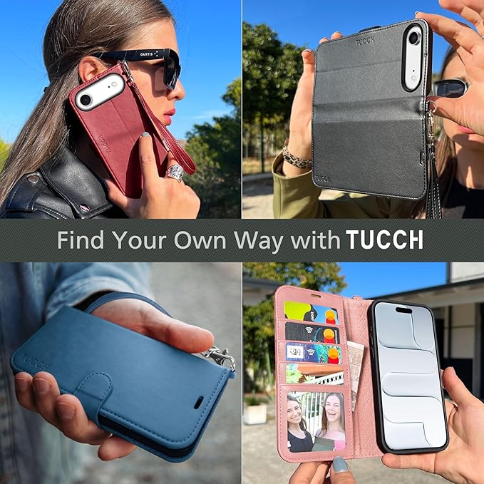TUCCH Case Wallet for iPhone Air (6.5-Inch) 2025, Wrist Strap | Stand | RFID Blocking | 4 Card Holders | TPU Shockproof Inner Shell | PU Leather | Magnetic Folio Cover | Dark Red