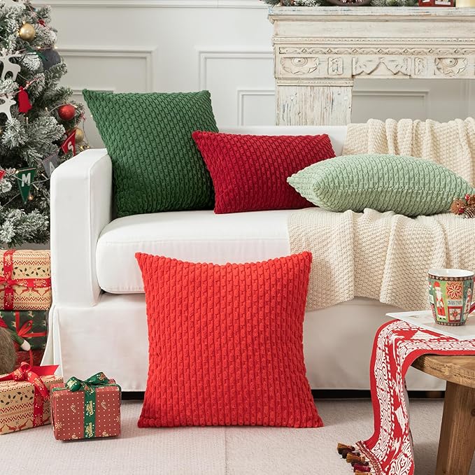 Kevin Textile Pack of 2 Corduroy Decorative Throw Pillow Covers 18x18 Inch Soft Boho Striped Pillow Covers Modern Farmhouse Home Decor for Sofa Living Room Couch Bed Dark Green