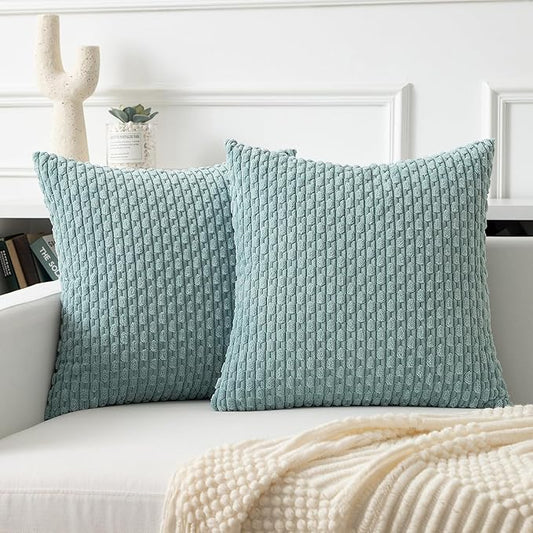 Kevin Textile Throw Pillow Covers Soft Corduroy Decorative Set of 2 Boho Striped Pillow Covers Pillowcases Farmhouse Home Decor for Couch Bed Sofa Living Room 22x22 Inch Dusty Green