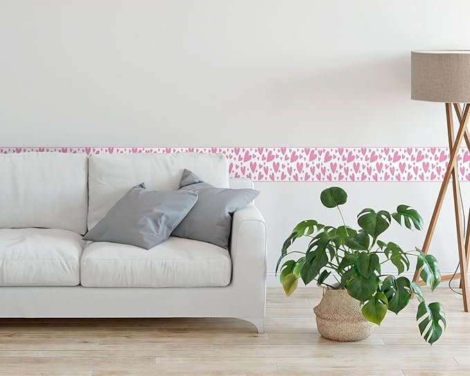 FLFK Pink Heart Wallpaper Border - Peel and Stick Wall Paper, Self Adhesive Removable PVC Borders Sticker, Modern Waterproof Trim for Home Decor, 7" x 240"