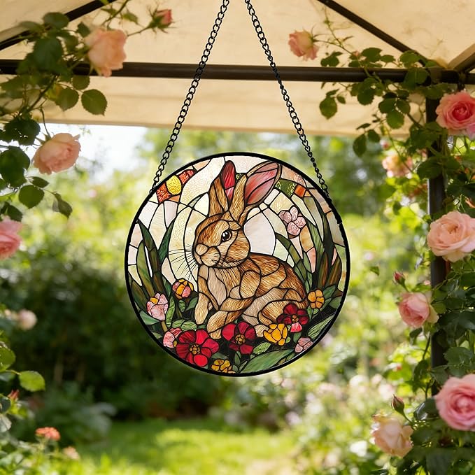 Stained Glass Window Hanging, Cute Bunny Flowers Sun Catcher for Window Door Home Decor, Rabbit Suncatcher Christmas Mother's Day Birthday Gifts for Women Men Mom and Nana 15 in