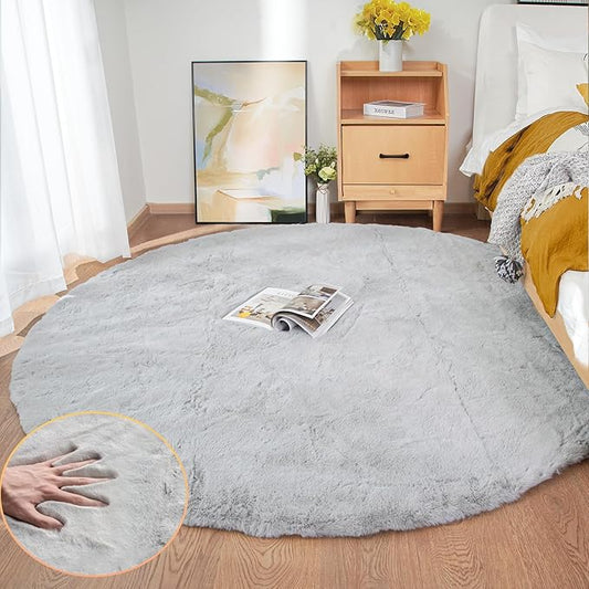 Grey Washable Fluffy Round Rugs 6ft Faux Bunny Fur Rugs for Living Room Bedroom Boho Circle Sheepskin Rug Teen Room Nursery Rug