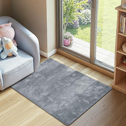 jinchan Solid Plush Area Rug 2x3 Performance Shaggy Washable Rug Indoor Entryway Doormat Soft Modern Faux Wool Cozy Non Slip Carpet for Living Room Kid Room Bedroom Nursery Grey