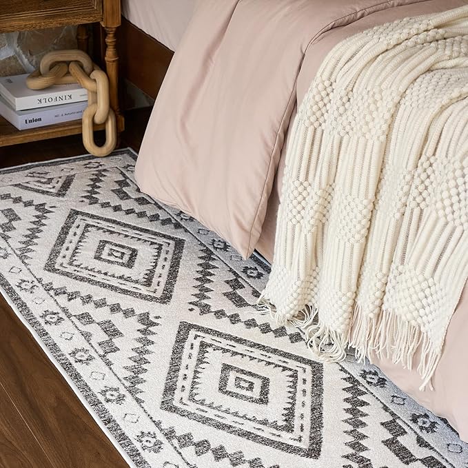 Moroccan Washable Runner Rug 2x6, Geometric Woven Area Rug, Farmhouse Boho Accent Hallway Runner Rug, Non-Slip Soft Low Pile Throw Mat for Living Room Laundry Entryway, Dark Brown/White
