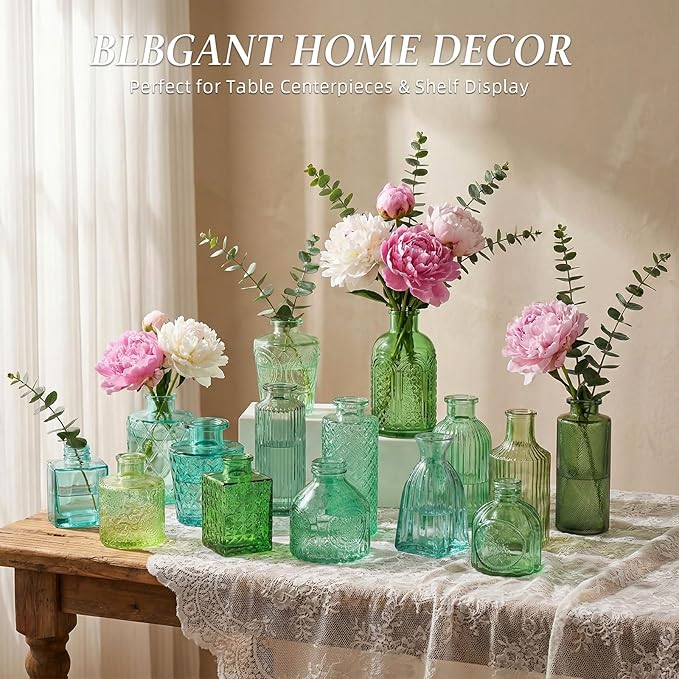Set of 15 Green Colored Glass Bud Vases - Small Textured Flower Vases for Centerpieces, Wedding Table Decor, Retro Home Decor Bulk Vase Set for DIY, Events & Gifts