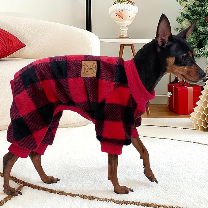 XPUDAC Dog Christmas Sweater Plaid Dog Pajamas for Small Medium Dogs Girl Boy Fleece Puppy Clothes Outfit for Winter, L