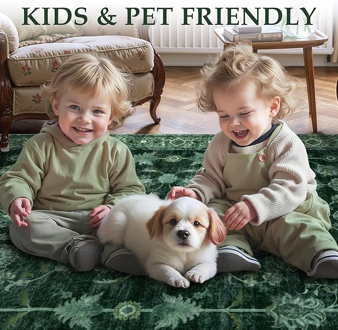 Tangsoo Green 2x6 Runner Rug Non Slip Washable for Kitchen Bathroom, Vintage Floral Boho Rug Runner for Hallway Entryway, Low Pile Carpet Door Mat Indoor Entrance for Bedroom Laundry Pet&Kids Friendly