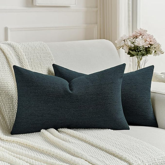 FUTEI Navy Blue Chenille Decorative Throw Pillow Covers 12x20 Inch Set of 2,Soft Cozy Faux Linen Textured Lumbar Pillow Cases,Farmhouse Home Decor for Couch Living Room