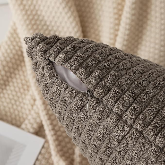 Kevin Textile 2 Packs Light Brown Euro Farmhouse Decorative Throw Pillow Covers 26x26 Inch for Living Room Couch Bed Sofa Rustic Boho Home Decor Soft Striped Corduroy Square Cushion Case 66x66 cm