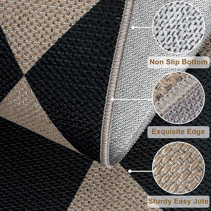 Easy Jute Checkered Runner Rug, 2.6x10 Black Modern Washable Rugs Runner for Hallway Non-Slip Kitchen Runner Rug, Geometric Diamond Indoor Outdoor Carpet for Porch Laundry Entryway
