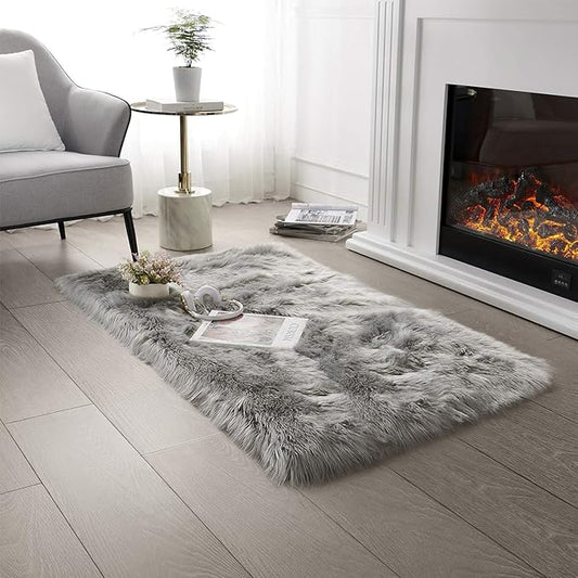 SERISSA Ultra Soft Faux Fur Area Rug Grey Fluffy Rug Plush Chair Cover Seat Pad Fuzzy Carpet Furry Besides Rug for Bedroom Floor Sofa Living Room 2x4 Feet (Rectangular, Light Grey)